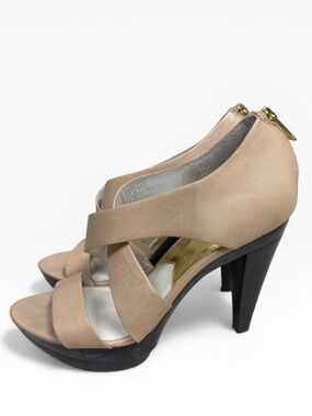 Michael Kors Elena Platform Sandals Tan Leather Strappy Heels Zip Back US 9